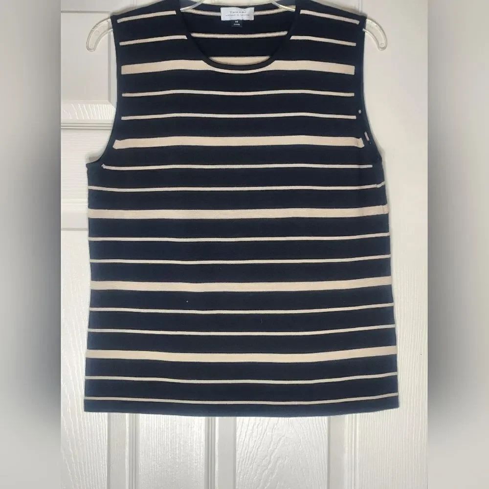 Tahari Arthur Levine 14 Stripped Black Beige Knit SILK Blend Slvlss Women Top